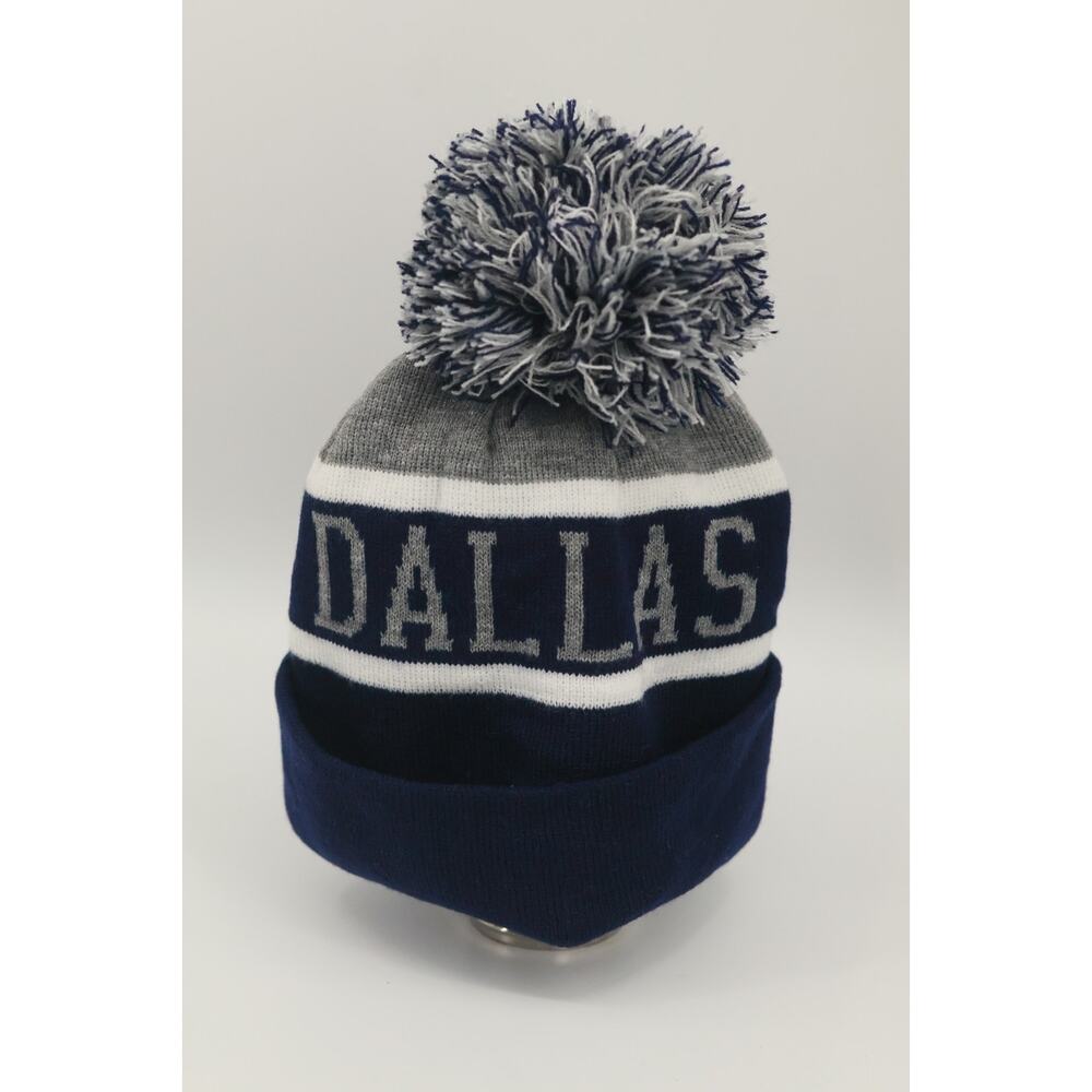 Dallas Knit Beanie Hat Navy Silver Gray White Pom Pom Winter Cuffed Toque Adult